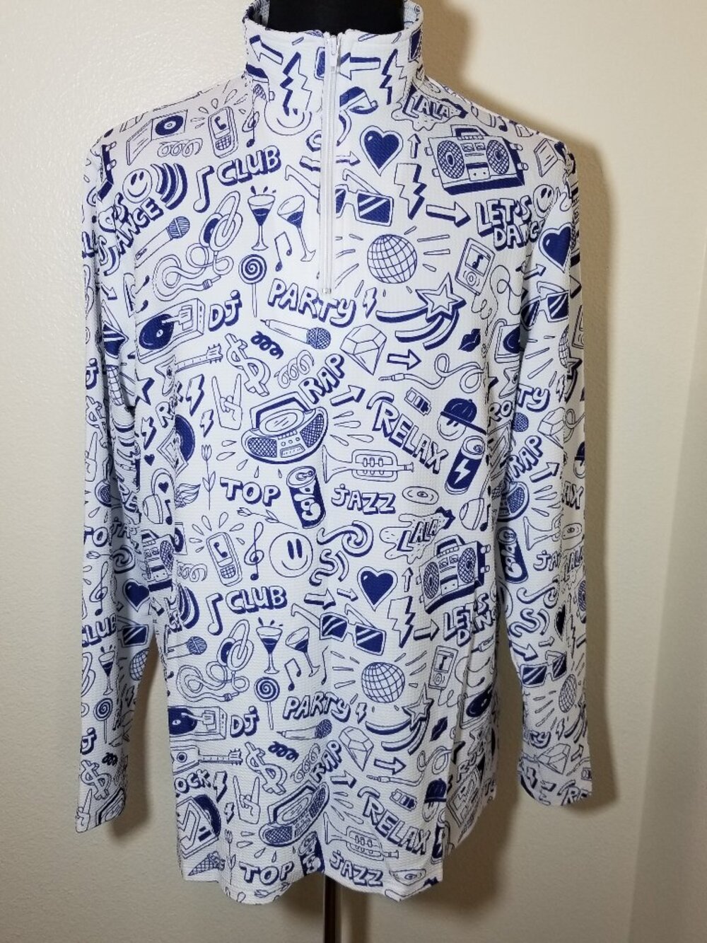 Golf Gentry Mens XL Blue White 1/4 Zip Long Sleeve Activewear Athletic Fun Loud